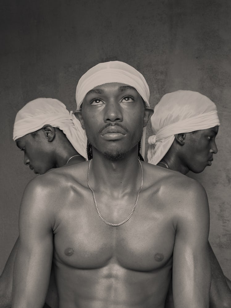 a photograph of three people with white durags on