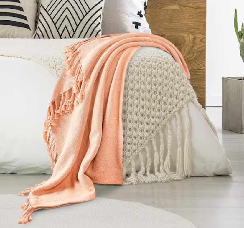 Peach Fuzz Woven Fringe Throw