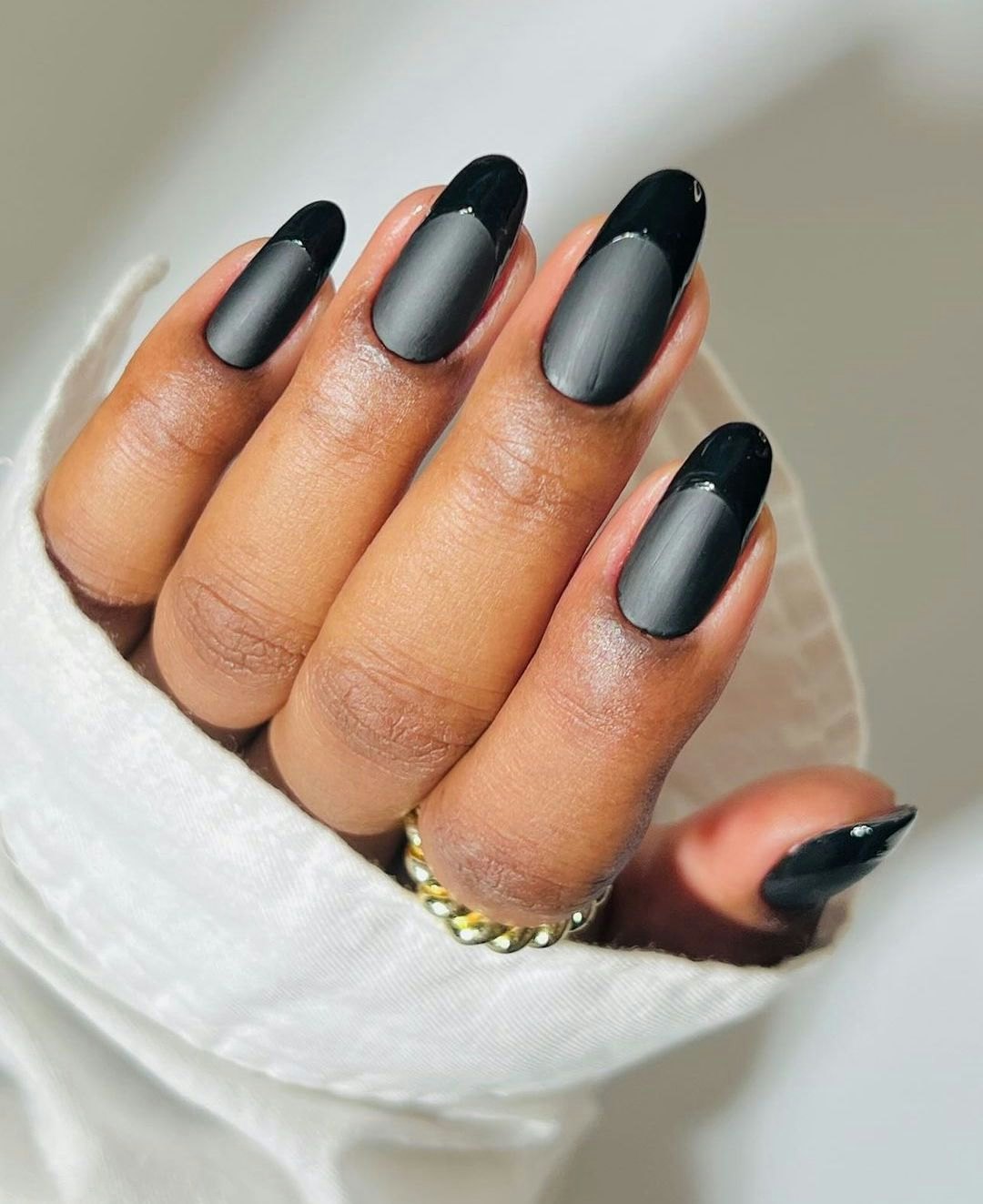 Nails and More Salon - Deep black oval French nails with gems by Anica.  💖Follow our page for daily nail designs and surprise promotions! ❗️ Accept  walking-ins EVERYDAY (last walk-in is 30mins
