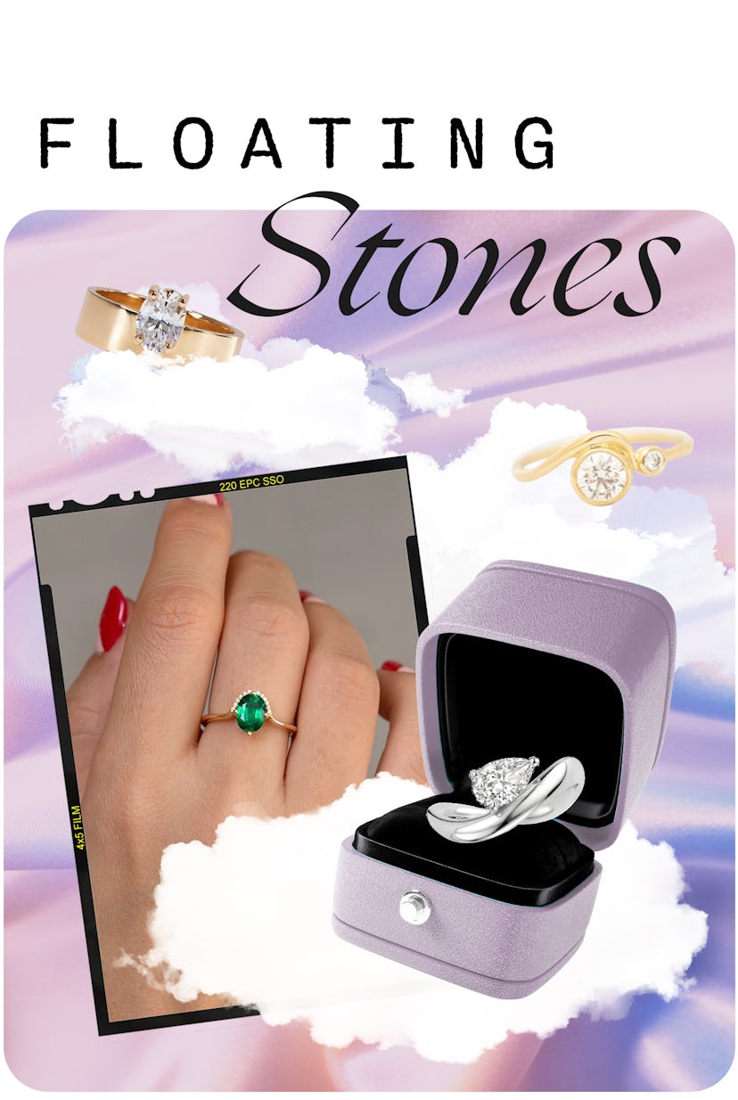 An assortment of engagement rings with floating stones.