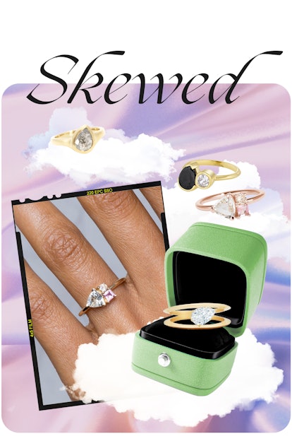 An assortment of skewed engagement rings. 