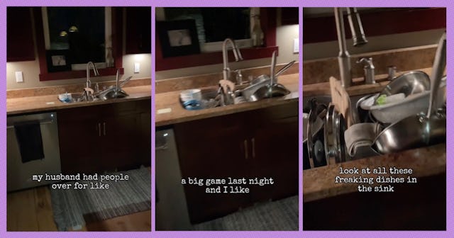 A man left a sink full of dishes after watching sports with his friends, but he also left a note for...