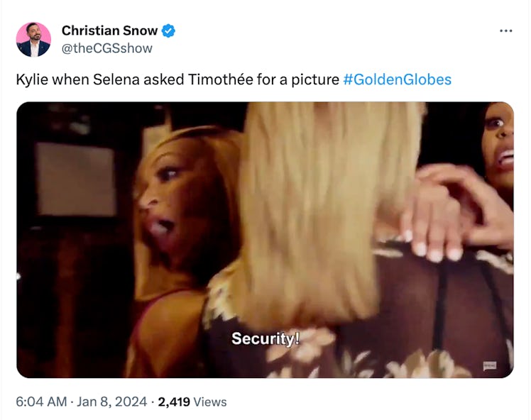 Screenshot of a tweet about Taylor Swift and Selena Gomez gossiping at the Golden Globes