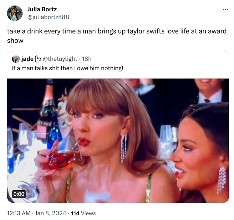 Screenshot of a tweet about Taylor Swift's reaction to a Golden Globes joke