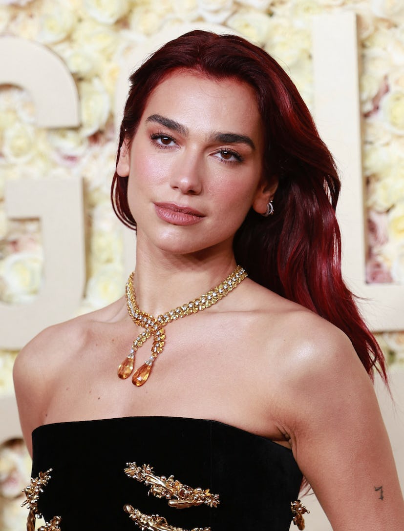 At the 2024 Golden Globes, Dua Lipa walked the red carpet in a velvet mermaid dress from Schiaparell...