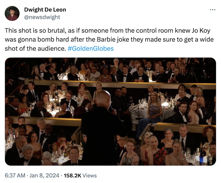 Screenshot of a tweet about the crowd's reaction to a Golden Globes joke