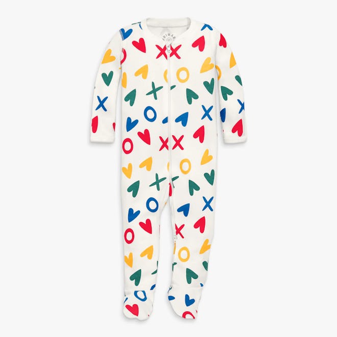 valentine's day pajamas: A colorful baby onesie with a pattern of red hearts, blue Xs, and green Os ...