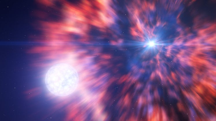 illustration of a massive star being hit by a blast wave, with a smaller star at the center of the b...