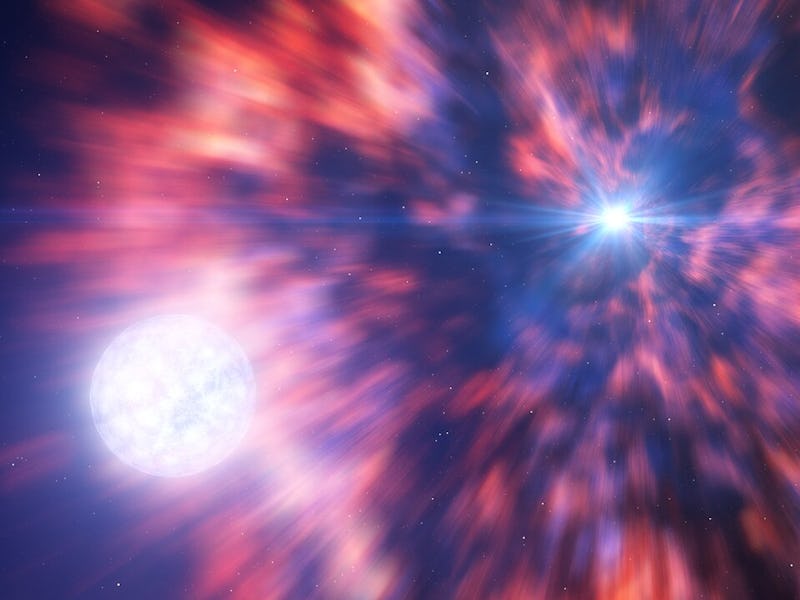 A bright starburst with a radiant blue star on the right and a glowing orb on the left against a dee...