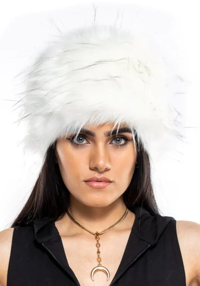 white faux fur hat