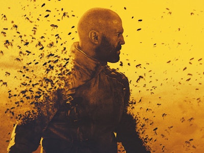 Bald man in profile with a swarm of bees around him, set against a yellow, moody background.