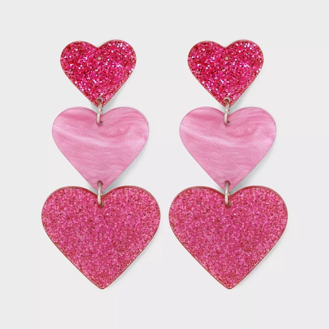 Acrylic Heart Drop Earrings - Dark Pink