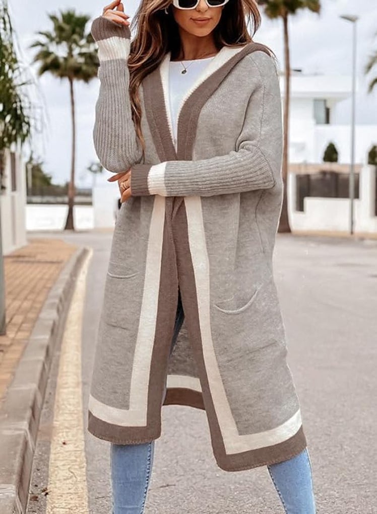 chouyatou Long Color-Block Open Front Hooded Cardigan