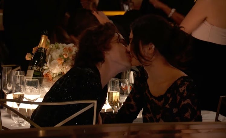 Timothée Chalamet and Kylie Jenner kissing at the 81st Golden Globe Awards