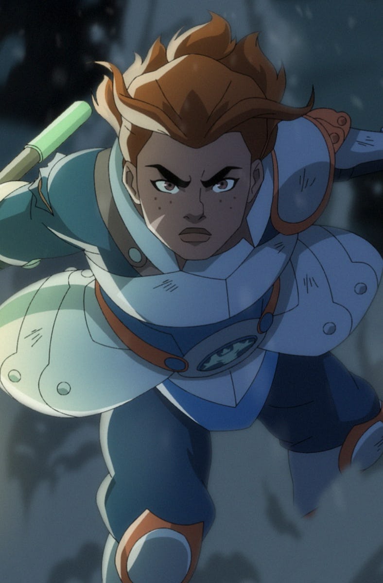 An animated character in armor wields a glowing sword with determination. The scene features dramati...