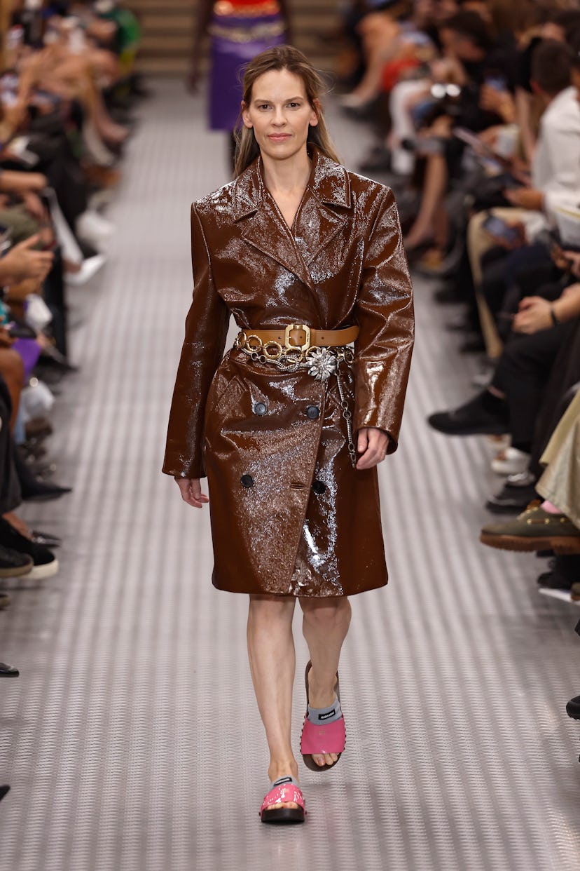 A model walks the runway during the Miu Miu Paris Womenswear Spring-Summer 2025 show as part of Pari...