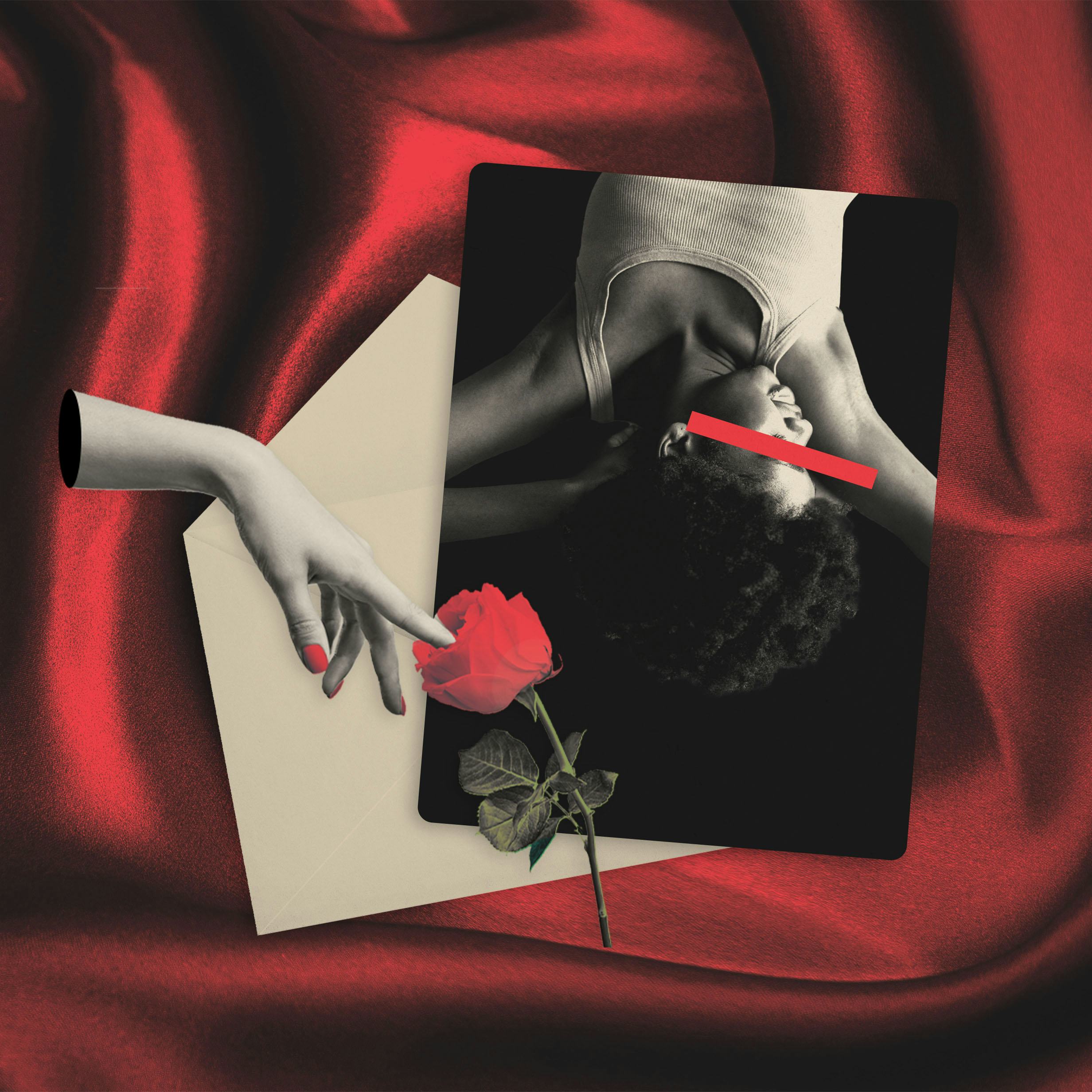 A dramatic composition featuring a black and white photo of a person with curly hair, an arm extendi...