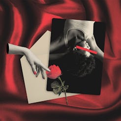 A dramatic composition featuring a black and white photo of a person with curly hair, an arm extendi...