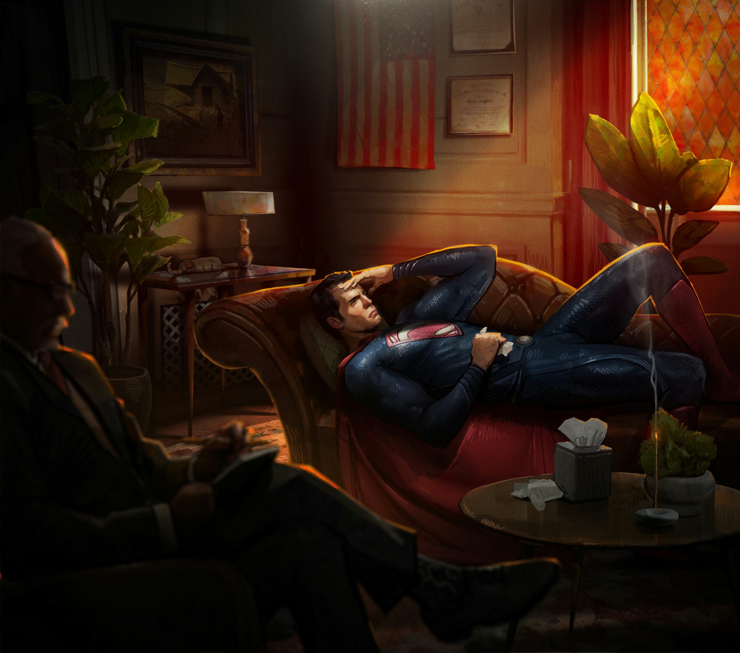Superman on a couch in a therapy office