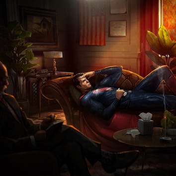 Superman on a couch in a therapy office