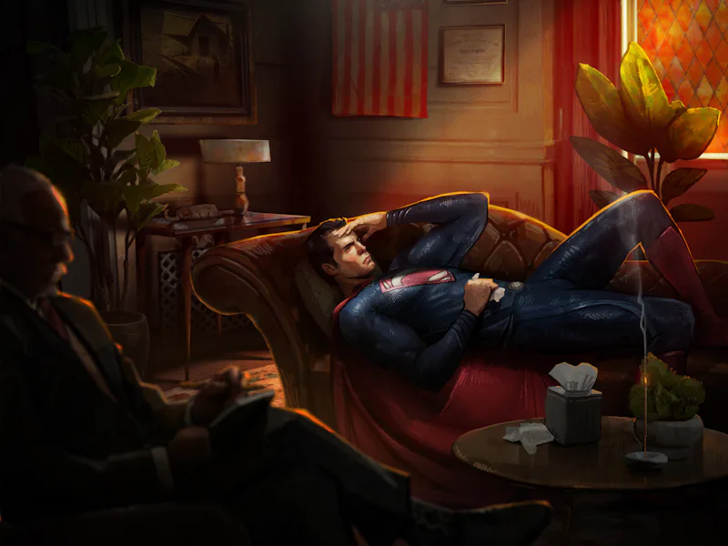 Superman on a couch in a therapy office