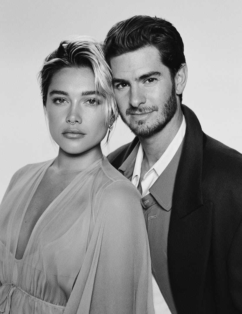 Andrew Garfield and Florence Pugh, stars of 'We Live in Time,' in black and white
