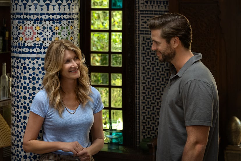 Laura Dern and Liam Hemsworth in Lonely Planet. Photo via Netflix