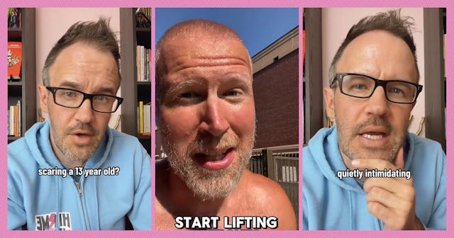 A collage of three images featuring men discussing fitness and intimidation. Text overlays read: "sc...