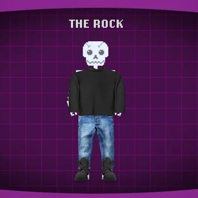 A cartoonish character wearing a black shirt and blue jeans stands in a video game interface with a skull face, labeled "THE ROCK".