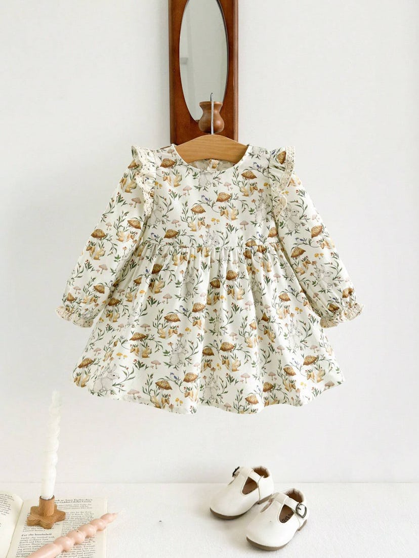 Baby Girl Cartoon Rabbit Print Ruffle Trim Waist Dress