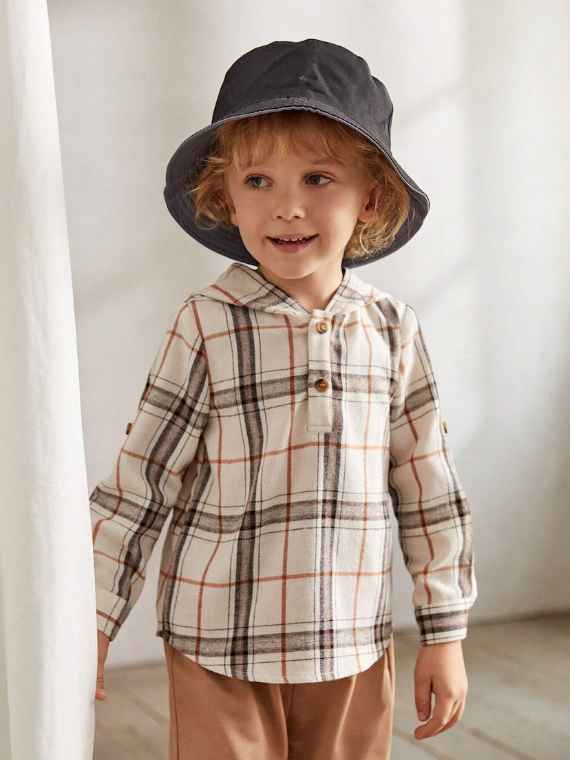 Young Boy Colorful Plaid Casual Hooded Button-Down Shirt