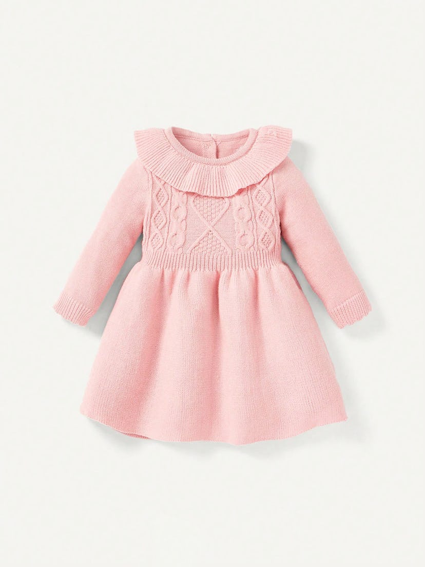 Baby Girl Ruffle Trim Button Back Pointelle Knit Sweater Dress