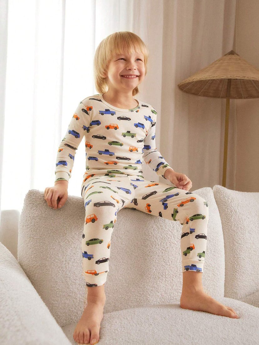 Baby Boy Snug Fit Pajama Set, Cartoon Car Pattern Knit 