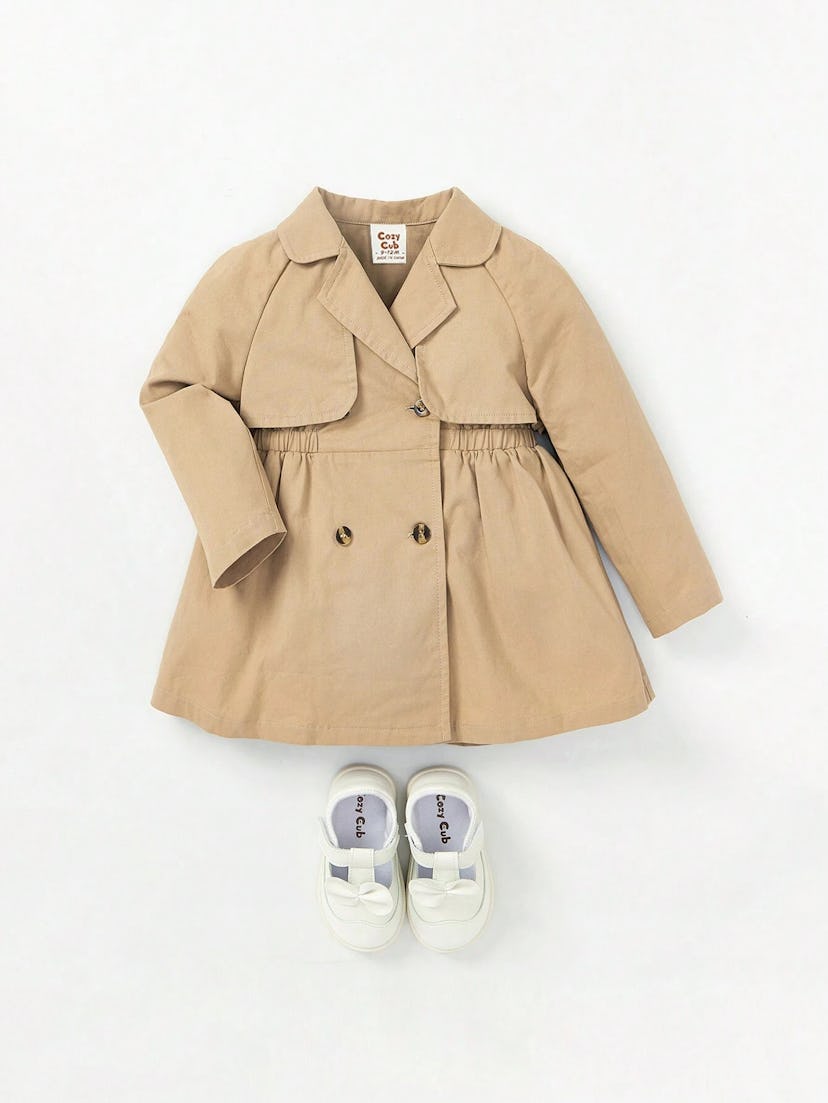 Baby Girls' Turn-Down Collar Raglan Sleeve Solid Color Trench Coat