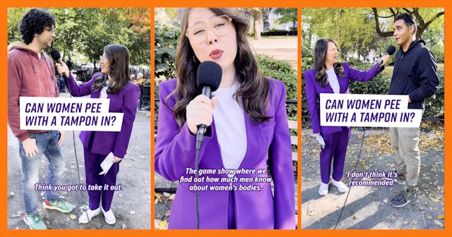 A woman interviews two men about whether women can pee with a tampon in, holding a microphone and we...
