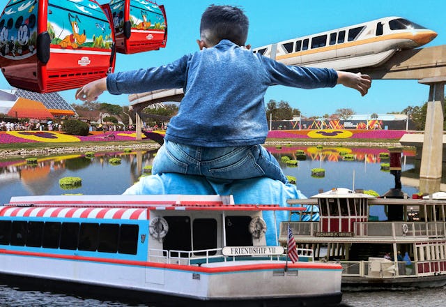 A little boy rides on his dad's back at Disney World, with various modes of Disney World transportat...