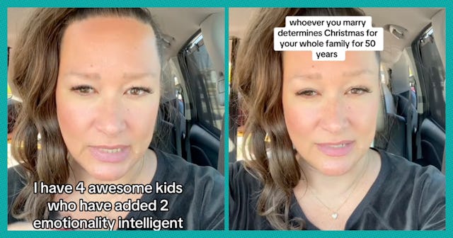 A woman sits in a car, smiling. Text overlays read about her children and the impact of marriage on ...