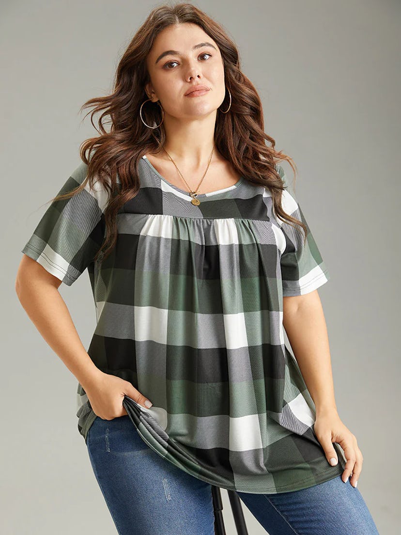 Plaid Round-Neck Gathered T-Shirt