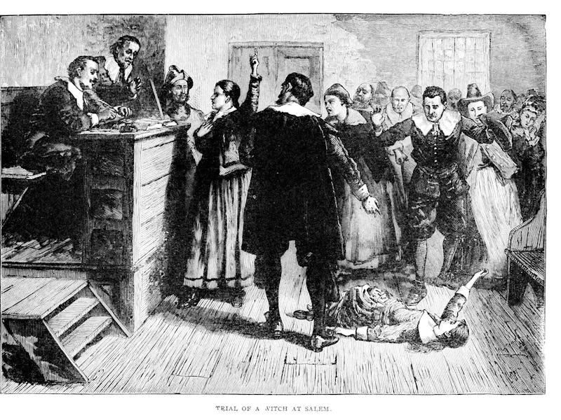 An illustration of a court scene during the late-17th century witch trials in Salem, Mass.