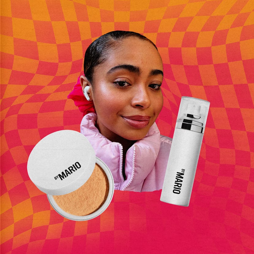 A young woman smiles, wearing earbuds and a pink jacket, surrounded by makeup products branded "By M...