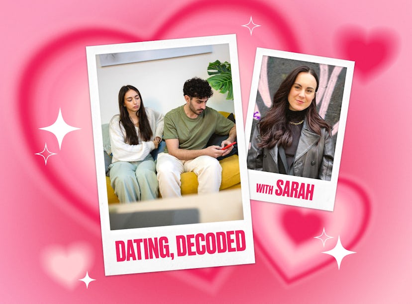 A promotional image featuring two people discussing dating on a couch, alongside a close-up photo of...