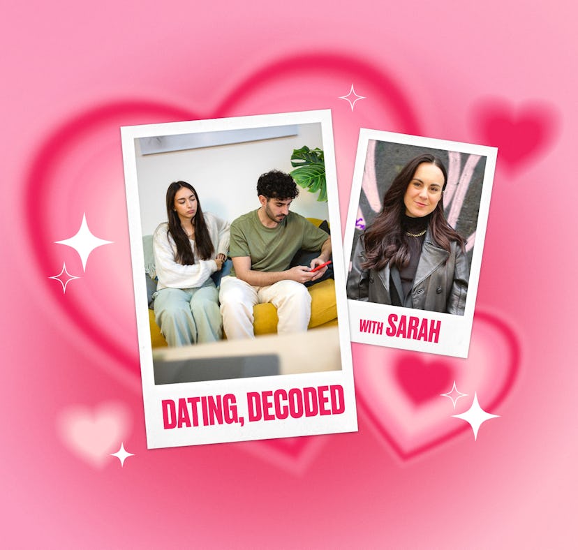 A promotional image featuring two people discussing dating on a couch, alongside a close-up photo of...