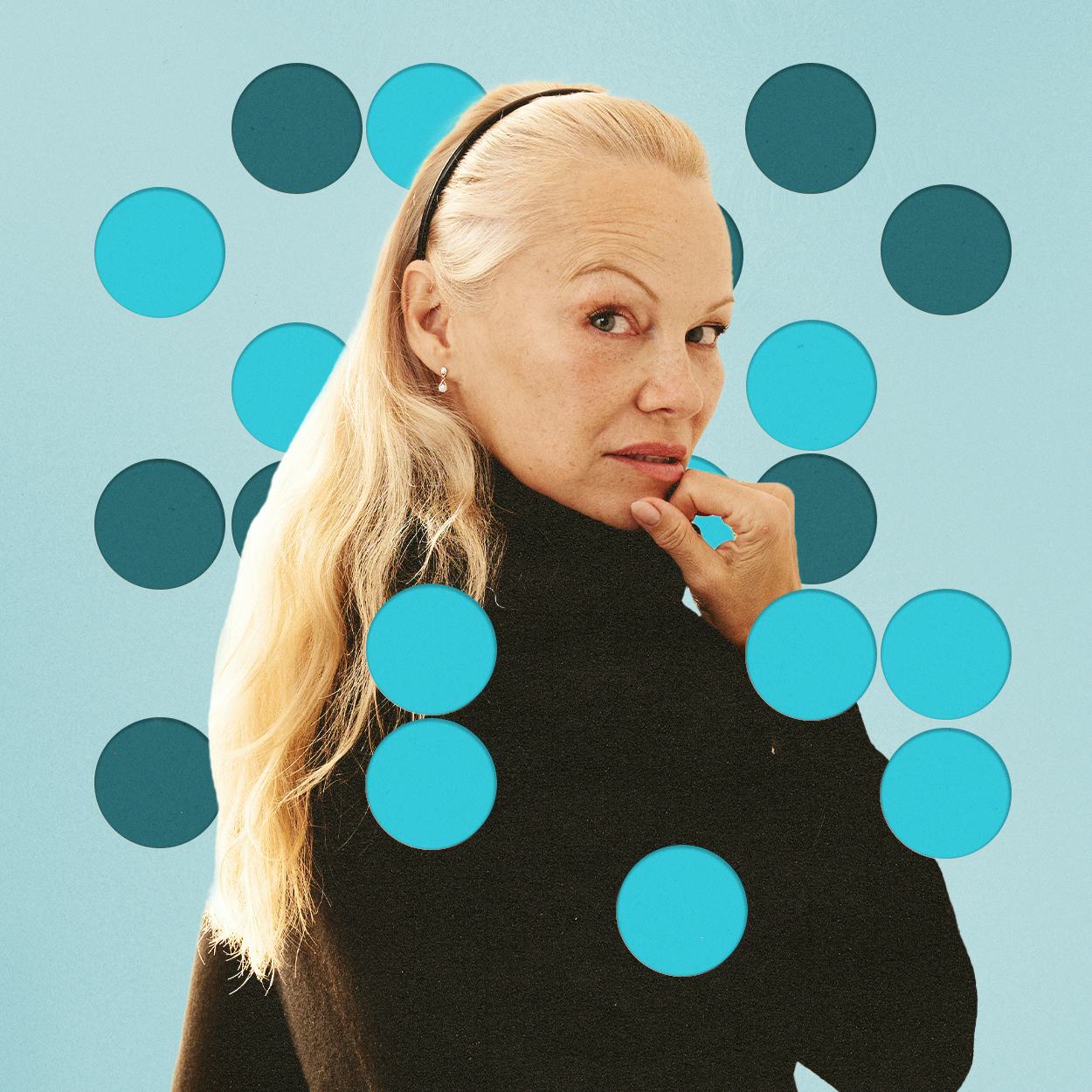 A woman in a black turtleneck poses thoughtfully against a light blue background, surrounded by vary...