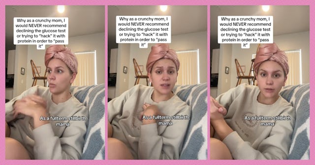 A woman with a pink hair wrap sits on a couch in casual attire, discussing glucose testing for pregn...
