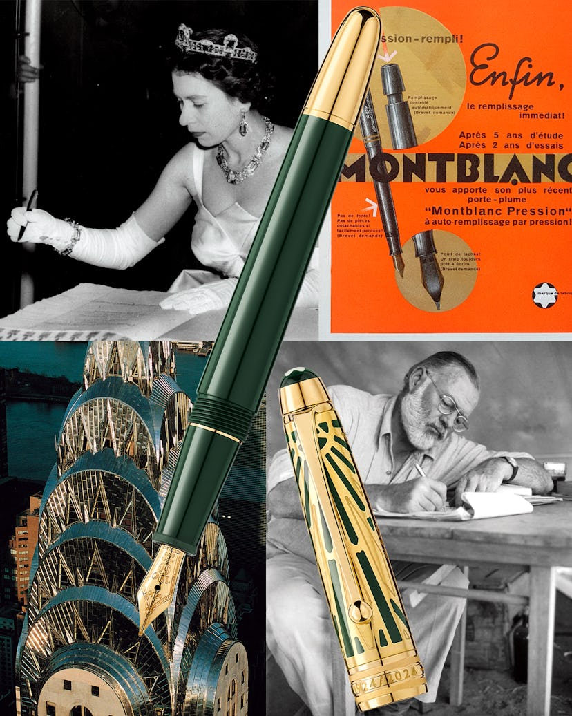 The Montblanc Meisterstück pen in a collage with Queen Elizabeth II, Ernest Hemingway and the Chrysl...