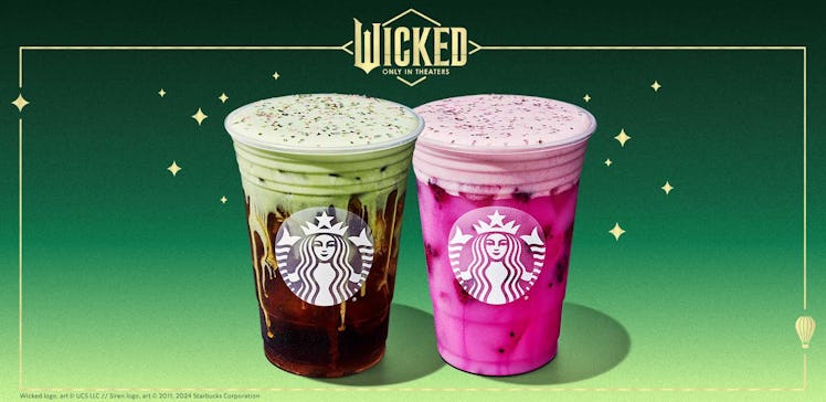 Two colorful Starbucks drinks sit side by side on a gradient green background. One is green with whi...