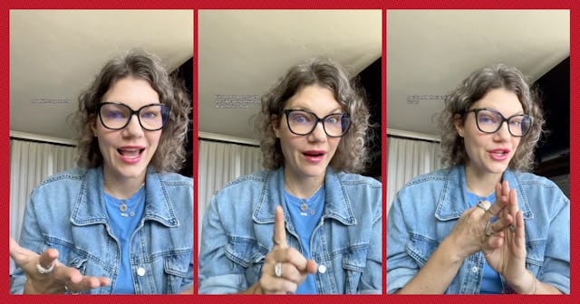 A woman with curly hair and glasses appears in three panels, animatedly discussing a topic while ges...