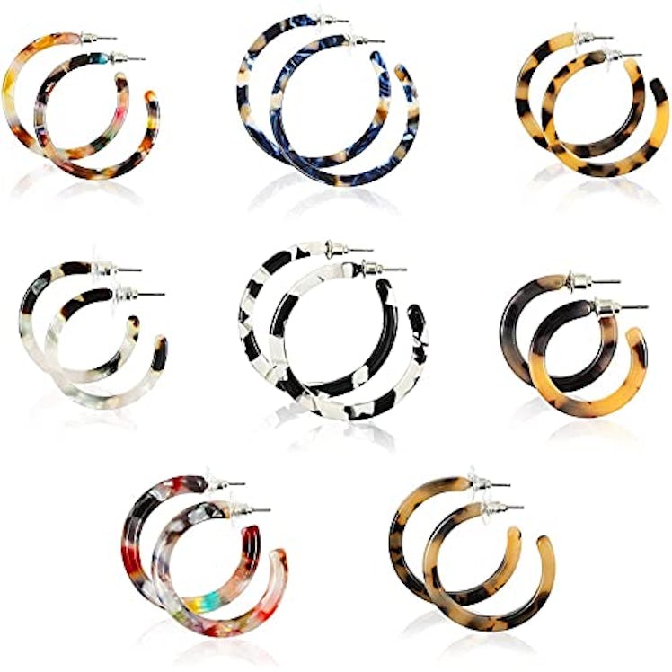 Resin Tortoise Shell Hoop Earrings for Women (8 Pairs)