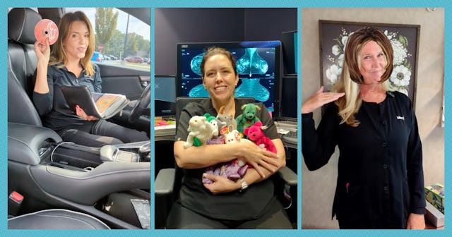 Three images: a woman in a car holding a disc, a smiling woman in scrubs with stuffed animals, and a...