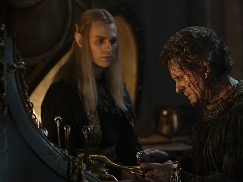Sauron (Charlie Vickers) and Celebrimbor (Charles Edwards) in 'Rings of Power' Season 2.